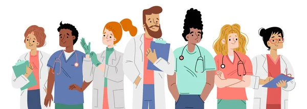 Nemocniční tým, různorodý zdravotnický personál, lékaři — Stockový vektor