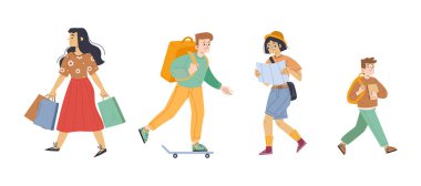 Yürüyen insanlar, turistler, teslimatçılar, öğrenciler.