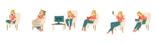 Mulher sentada em cadeira confortável conjunto isolado —  Vetores de Stock