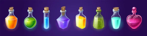 Botellas de poción con elixir mágico, frascos de dibujos animados — Vector de stock