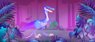 Geceleri ormanda sevimli bebek velociraptor.