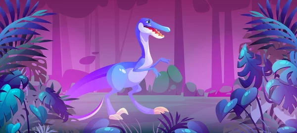 Lindo velociraptor bebé en la selva por la noche — Vector de stock