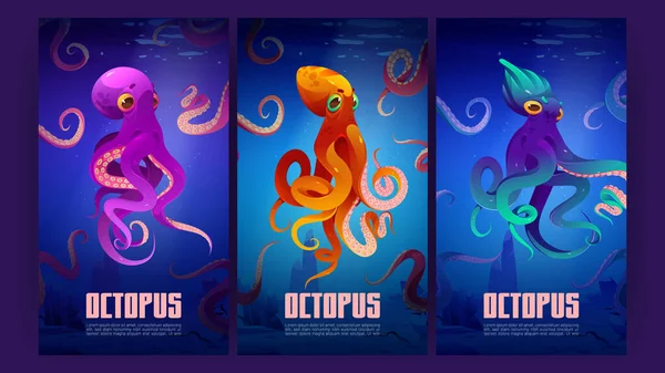 Posters with octopuses underwater in sea — 스톡 벡터