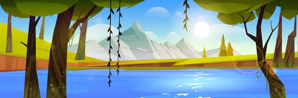 Mountain valley with lake and forest — Vector de stock