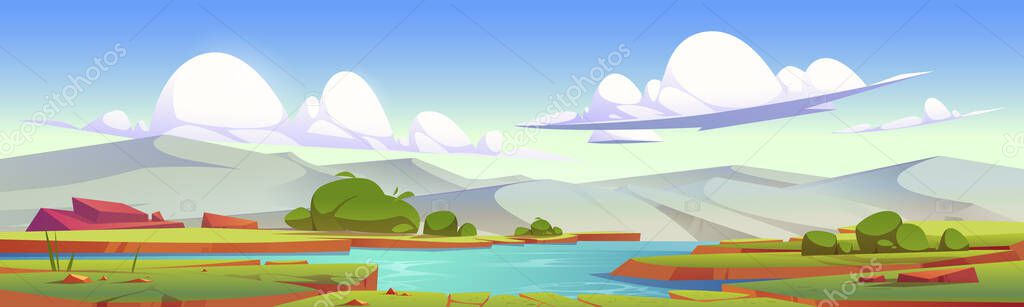 Summer landscape of valley with river, green grass