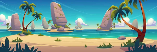 Sand sea beach with palm trees and rocks in water — ストックベクタ