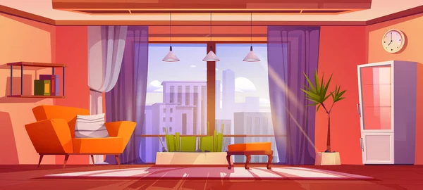Living room interior with large panoramic windows — Vetor de Stock
