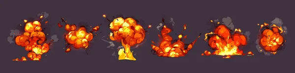 Cartoon dynamite or bomb explosion, fire boom set — Vector de stock