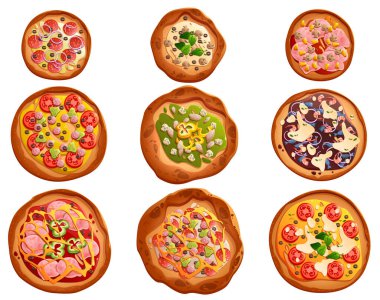 Yuvarlak tabanlı farklı malzemeli pizza takımı.