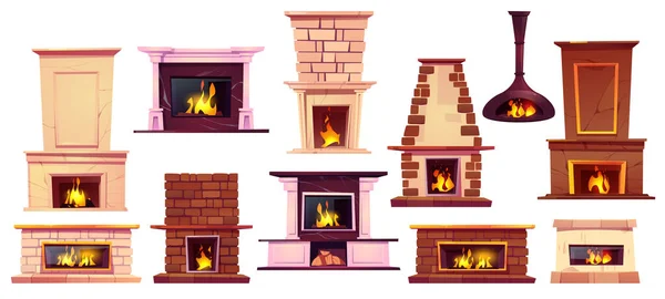 Different fireplaces with burning fire —  Vetores de Stock