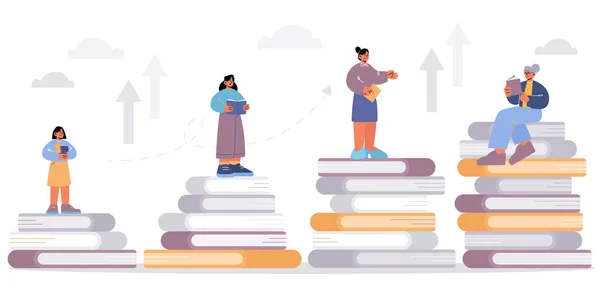 Woman at different ages reading books — Stock Vector