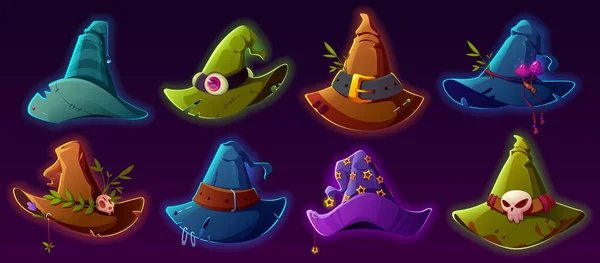 Witch hats cartoon vector set, wizard headwear, — Vetor de Stock