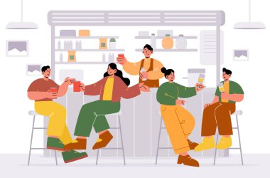 Barda alkol alan insanlar, çiftler çıkıyor.