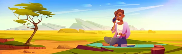 Femme avec smartphone assis sur le tapis à la savane — Image vectorielle