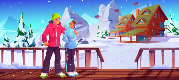 Young couple on ski resort, man and woman relax