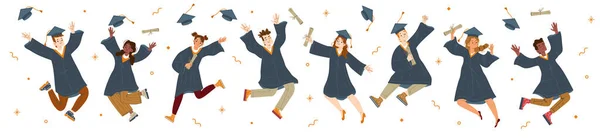 Studente laureato salto, personaggi in abito e cappuccio — Vettoriale Stock