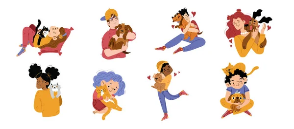 Bambini abbraccio animali ragazzi ragazze che tengono cani e gatti — Vettoriale Stock
