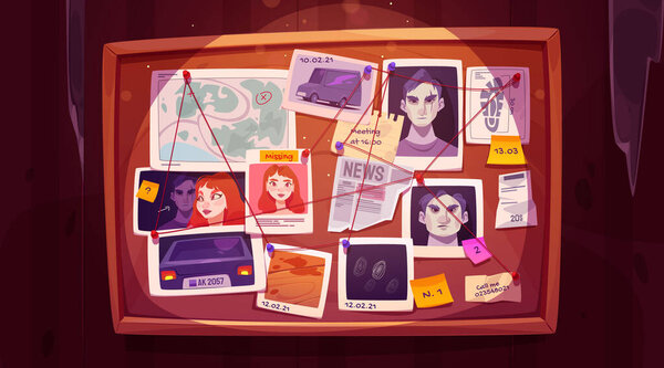 Detective board in police, wooden frame with clues