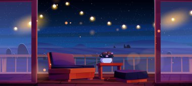 Geceleri kırsal kesimde ahşap ev terası