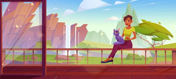 Vrouw met kat ontspannen op buitenterras. — Stockvector