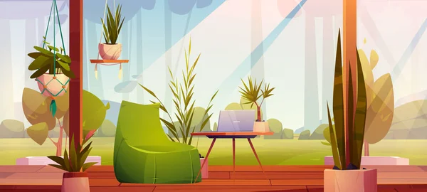Terrasse en bois avec plantes à la maison, lieu de travail, ordinateur portable — Image vectorielle