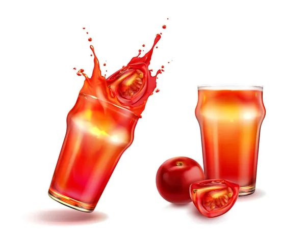 Tomates fatiados, vidro com salpicos de suco de tomate — Vetor de Stock