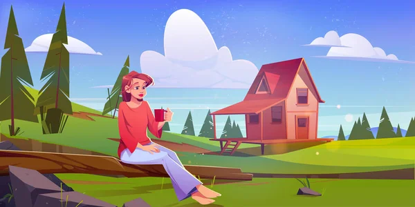 Κορίτσι για πικνίκ στο καλοκαιρινό λιβάδι με ξύλινο σπίτι — Διανυσματικό Αρχείο