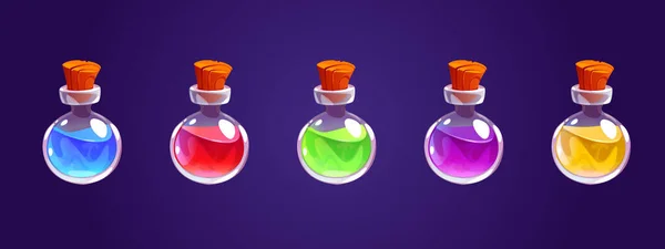 Magic potion bottles, glass jars with elixir — Vector de stock