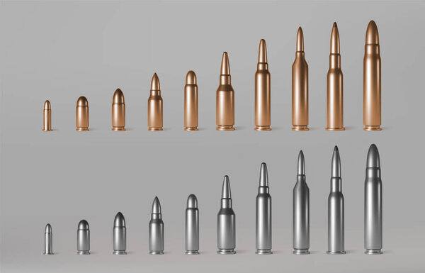 Bullets of different calibers stand in row.