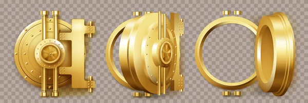 Gold safe door, round bank vault gate with lock — Vector de stock