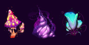 Fantezi sihirli bitkiler, mantar, çiçek ve ot