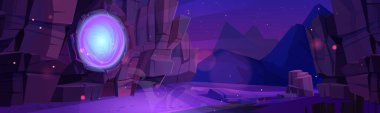 Magic portal on rock wall with mystic purple glow