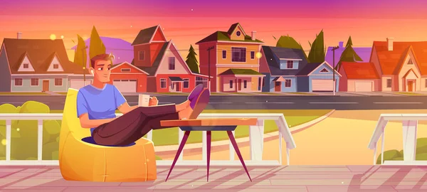 Muž odpočívat na dřevěné verandě domu v příměstské ulici — Stockový vektor