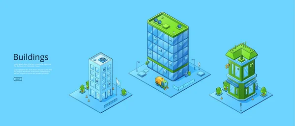 Buildings poster with isometric office and store — стоковый вектор