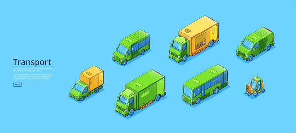 Transport poster with isometric trucks and buses — Wektor stockowy