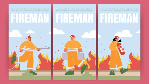 Плакат пожежника з пожежною бригадою з водяним шлангом — стоковий вектор