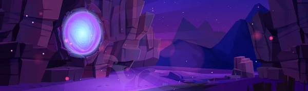 Magic portal on rock wall with mystic purple glow — Stock Vector