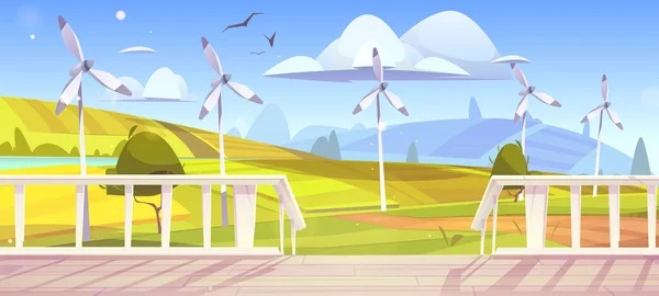 Ländliche Landschaft mit Windrädern und Veranda — Stockvektor