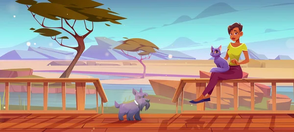 Terrasse en bois et femme avec animaux de compagnie en savane — Image vectorielle