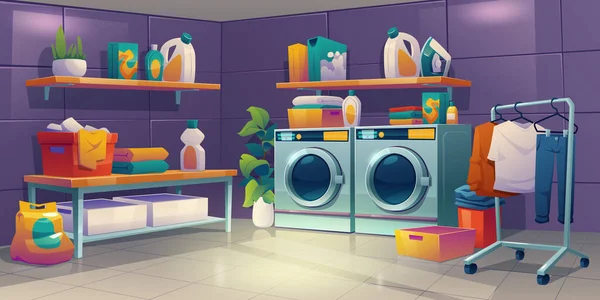 세탁기가 있는 세탁실, 깨끗 한 옷 — 스톡 벡터