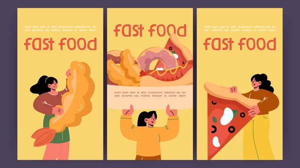 Fast food posters with girl, hot dog, pizza, donut — Stockvector