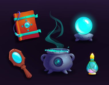 Magic witch cauldron, book of spell, elixir
