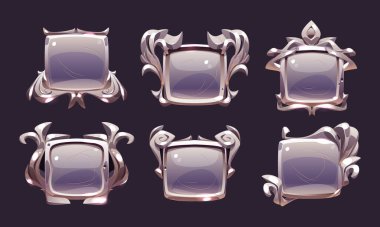 Oyun seviyesi metalik ui rozetleri, kare pankartlar ayarlandı