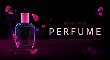 Perfume promo background with glass bottle