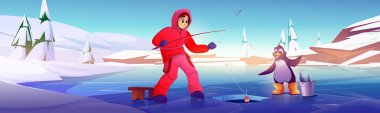Ice fishing banner with man and penguin