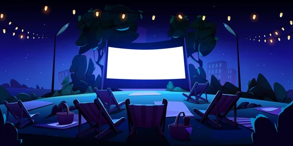 Night open air cinema on lawn in city park — Stok Vektör