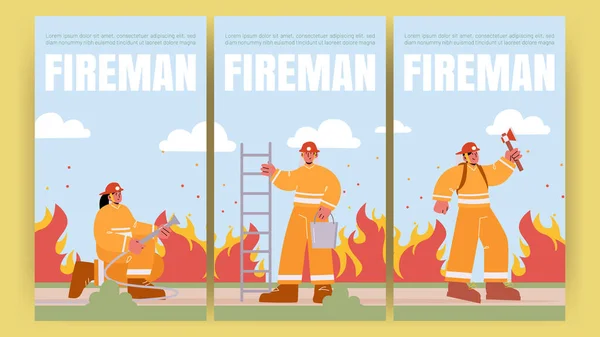 Плакат пожежника з пожежною бригадою з вогнегасником — стоковий вектор
