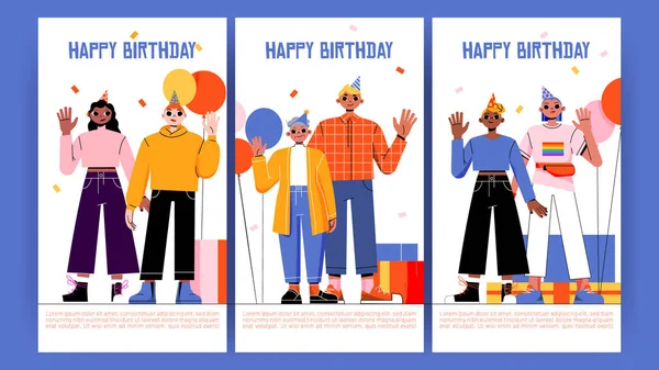 Happy birthday cards with diverse people — 图库矢量图片