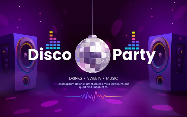 Disco party banner with light ball, speaker — Stock Vector