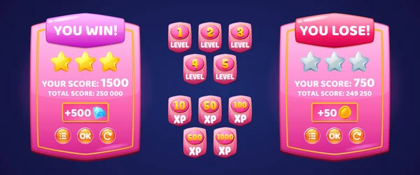 Game pink boards of win or lose, badges of level — Vector de stock